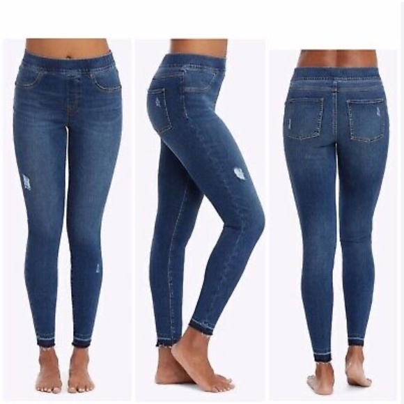 SPANX WOMENS SKINNY DISTRESSED JEGGING DENIM LEGGINGS SIZE SMALL SHAPEWEAR BLUE - Picture 2 of 7